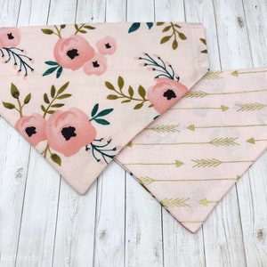 Pink Floral Personalized Summer Dog Bandana - Reversible Blush Rose Gold Arrow Girl Dog Bandana