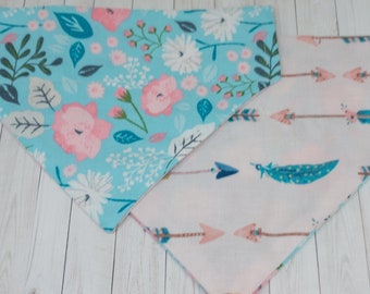 Blue and Pink Foral Bandana - Teal and White Flower Dog Scarf -Reversible Arrow and Feather Pup Neckerchief