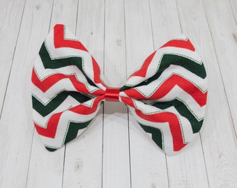Green and Red Chevron Christmas Dog Bow Tie - Festive Collar Attachment For Pet - Holiday Puppy Neck Wear