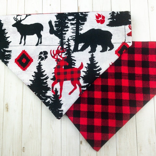 Personalized Red and Black Check Dog Bandana - Reversible Holiday Pet Neck Scarf - Woodland motif  Neckerchief