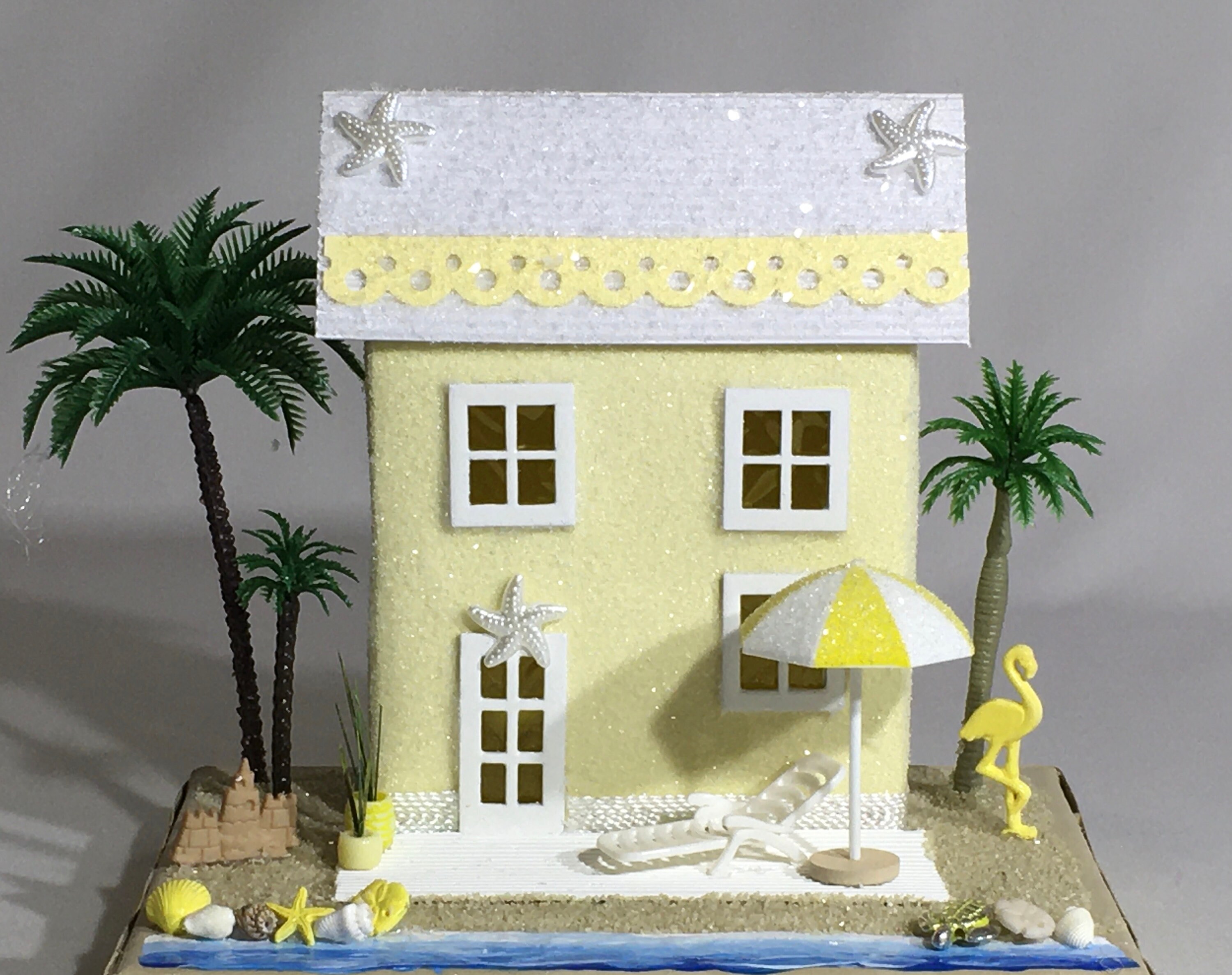 Beach Glitter House Beach Putz House Blue And White Palm Trees Lounge Chair Umbrella Flamingo Sand Castle Shells Treasure Chest