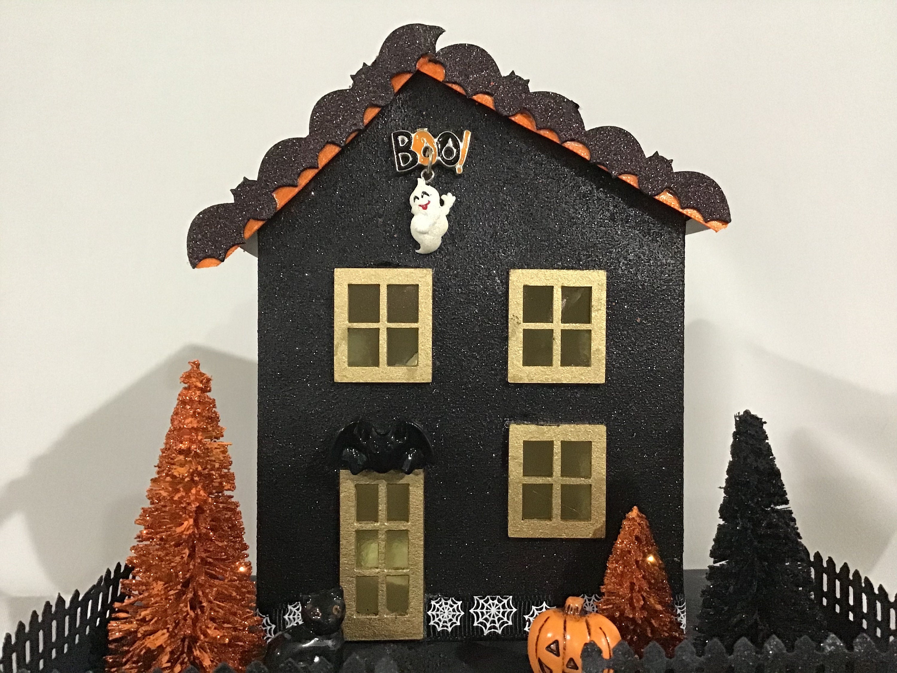 Halloween House Halloween Glitter House Black Orange Boo Ghost Bats Pumpkins Fence