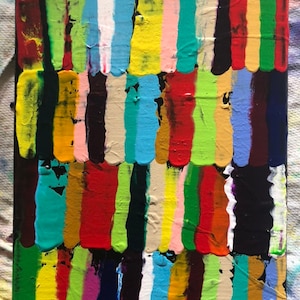 May include: Abstract painting with vertical stripes of various colors, including red, yellow, green, blue, and white. The stripes are painted in a thick, textured style, creating a dynamic and energetic composition.