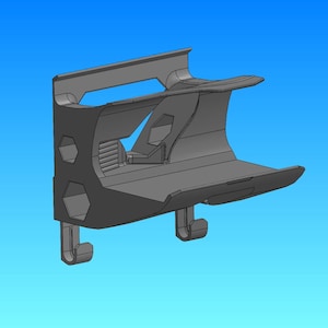 May include: A gray plastic wall mount with a curved shelf and two hooks. The shelf has a hexagonal pattern on the side.