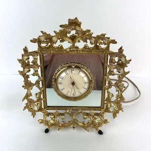 Ormolu Vintage Hollywood Regency Mirror Clock Easel Table Top Electric