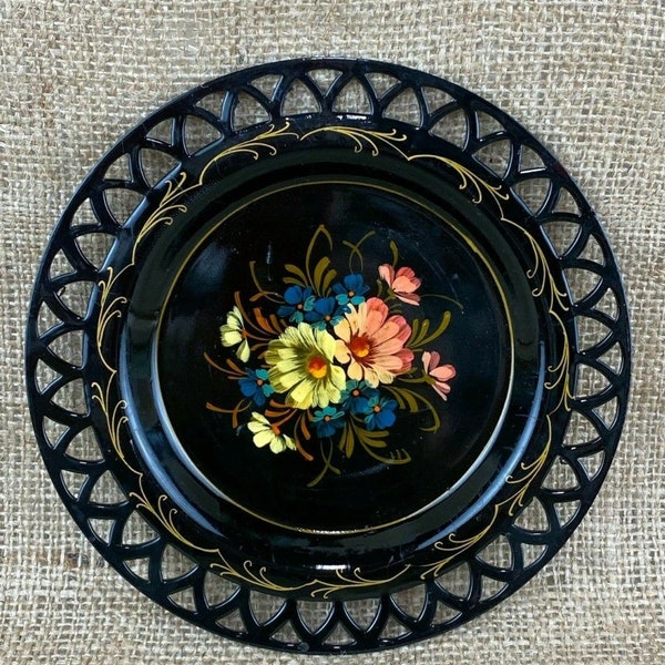 Vintage Tole Metal Plate w/Reticulated Edges Hand-Painted Flowers
