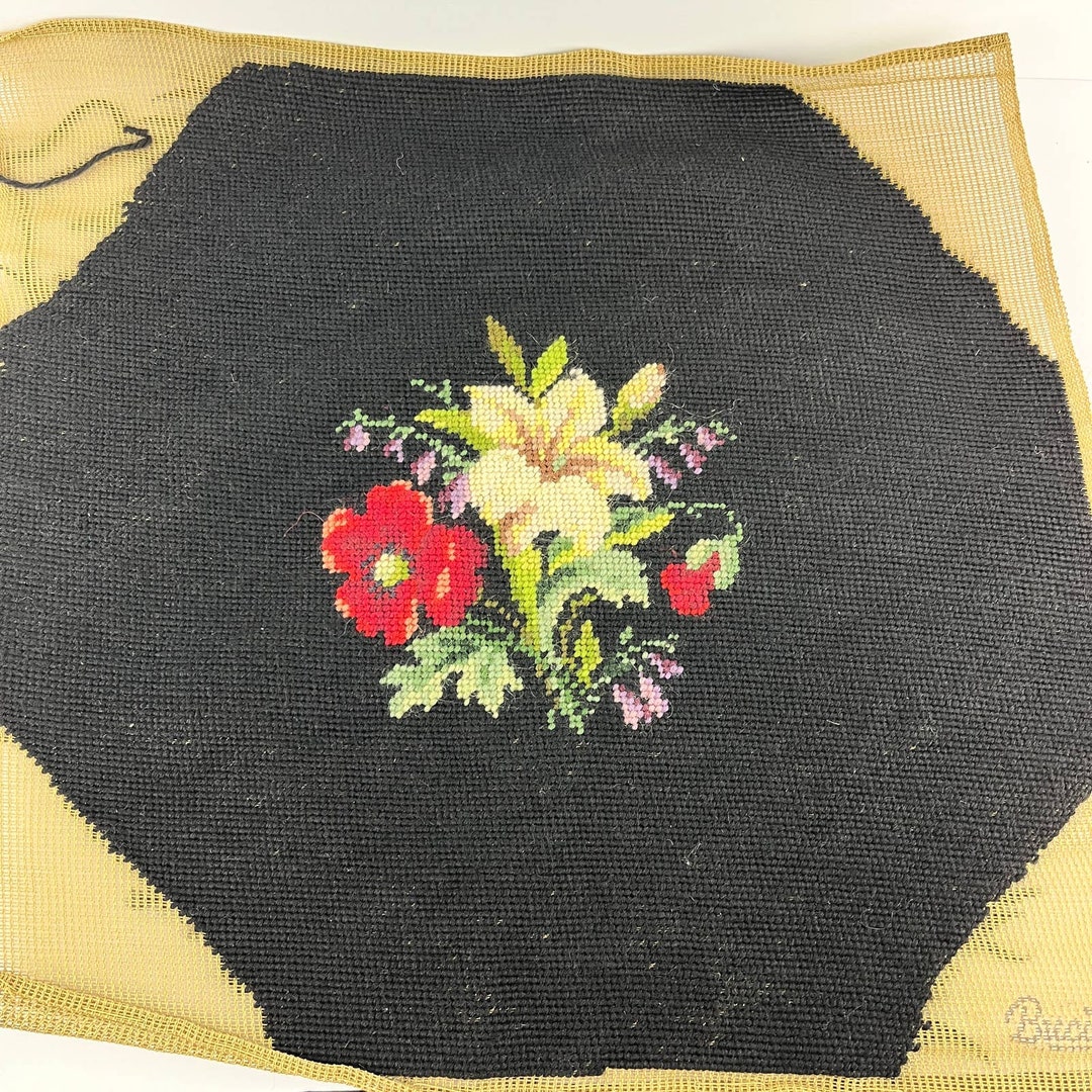 Vintage Finished Bucilla Wool Floral Needlepoint Chair Seat Back Etsy