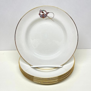 May include: A stack of white ceramic plates with gold rims. Each plate features a colorful emblem in the center. The plates are stacked on a white surface, showcasing their elegant design and decorative appeal.