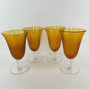Set of 4 Artland Hand Blown Amber Bubble Glass Water Goblets