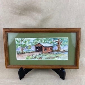 Original Covered Bridge Watercolor Oak Framed Matted Signed