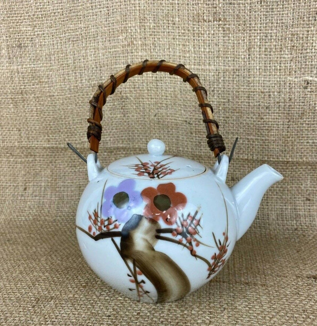 Hand Painted Ceramic Tea Pot With Rattan Handle Etsy