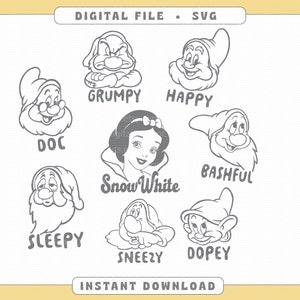 May include: Black and white line art illustrations of Snow White and the Seven Dwarfs. The characters are arranged in a circle with their names written below them. The text "DIGITAL FILE - SVG" is at the top of the image and "INSTANT DOWNLOAD" is at the bottom.