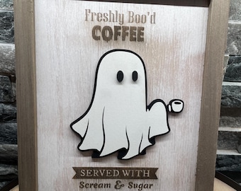Freshly boo’d coffee sign - coffee bar sign - Halloween coffee decor - Ghost coffee sign- Rustic Farmhouse Wooden Halloween sign