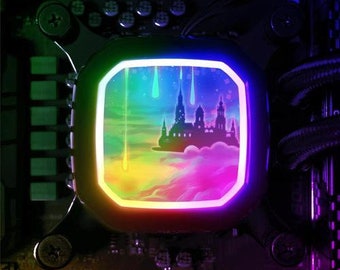 May include: A rainbow-coloured CPU cooler with a design of a castle on a cloud with falling stars. The cooler is lit up with RGB lighting.