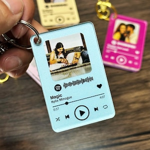 May include: A light blue acrylic keyring with a photo and a music player interface design. The keyring displays the song "Magic" by Kylie Minogue, with a play button and a waveform graphic. Other keyrings are visible in the background.