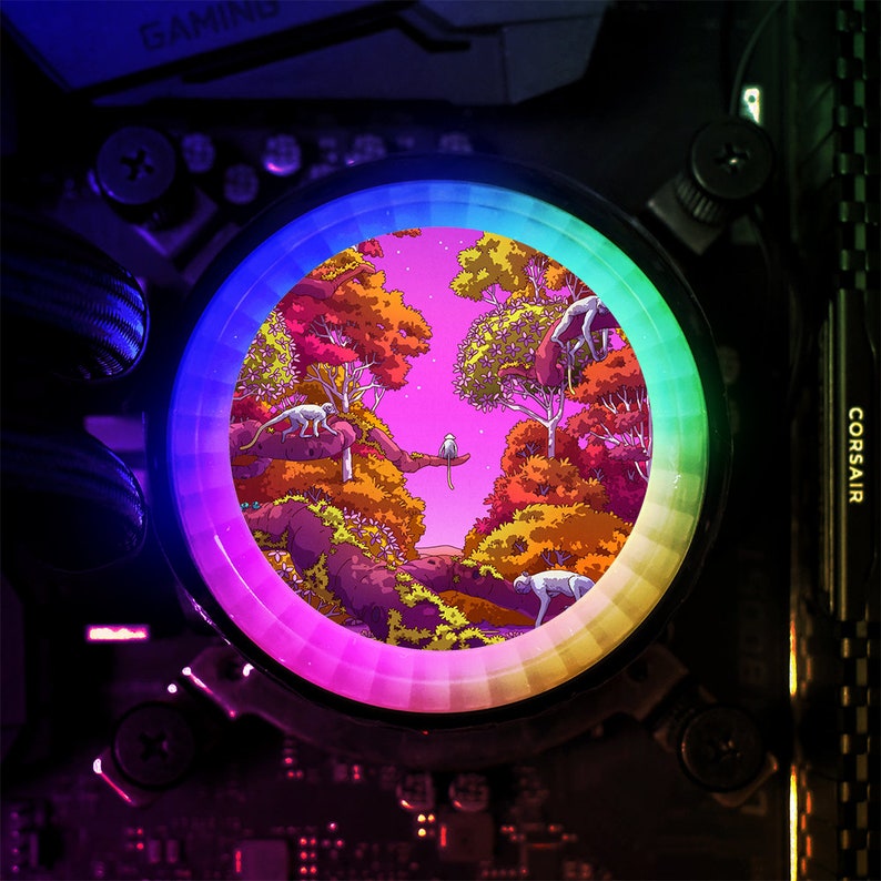 May include: A circular light with a rainbow spectrum around the edge. The centre of the light shows a cartoon image of a forest with trees, a pink sky, and white monkeys.