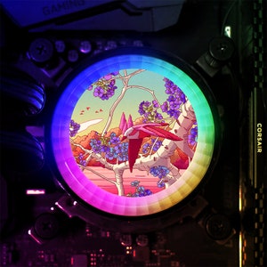 May include: A circular light with a rainbow spectrum around the edge. The centre of the light features a cartoon illustration of a bird perched on a branch with pink and purple flowers.