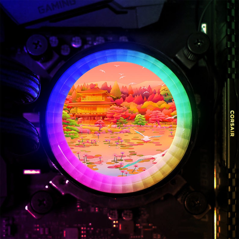 May include: A colourful rainbow-coloured circle with a view of a Japanese garden featuring a golden temple, trees, and a pond with lily pads. The image is framed by a black circle with a white "CORSAIR" logo.