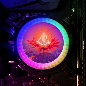 May include: A person sits in a meditative pose on a large, red flower with a rainbow-coloured halo. The flower is surrounded by smaller flowers and a blue sky. The image is surrounded by a rainbow-coloured ring.