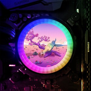 May include: A circular light with a rainbow spectrum around the edge. Inside the circle is a cartoon image of a parrot perched on a branch of a pink tree. The background is a pink and purple landscape.