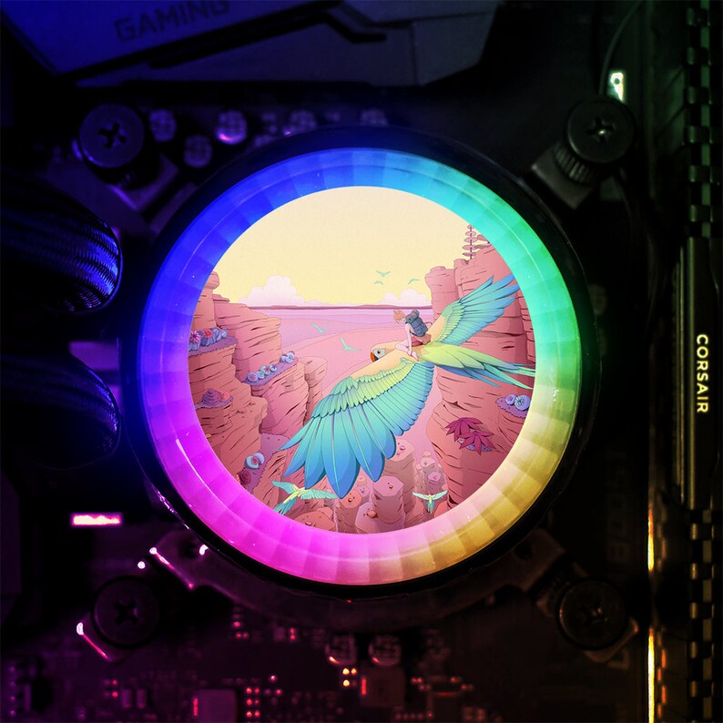 May include: A colourful rainbow-coloured circle with a parrot flying in front of a rocky cliff. The parrot is green, blue, and yellow. The background is a light blue sky with white clouds.
