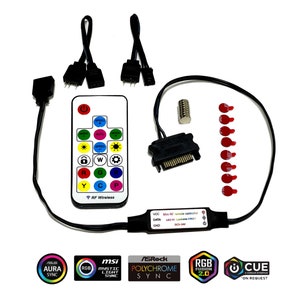 May include: An assortment of computer components, including a remote control with color buttons, black cables, and a SATA connector. The image also shows red connectors and logos for ASUS, MSI, and ASRock.