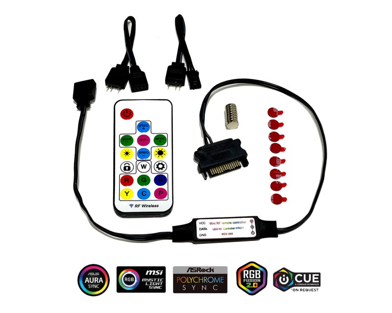 May include: An assortment of computer components, including a remote control with color buttons, black cables, and a SATA connector. The image also shows red connectors and logos for ASUS, MSI, and ASRock.