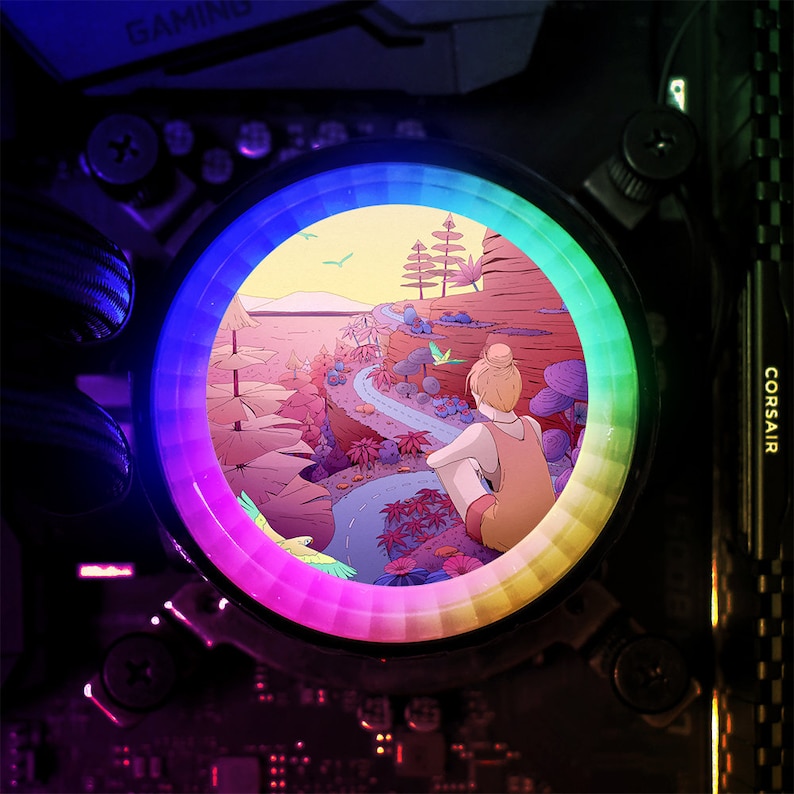 May include: A colourful rainbow-like circle with a cartoon landscape inside. The landscape features a winding path, trees, and a person sitting on a rock. The text "CORSAIR" is visible in the top right corner.