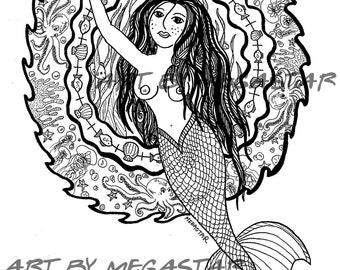 Download Printable Coloring Book Page - Mermaid Underwater Coloring Sheet - Coloring Page - Adult Activity - Unique Coloring Book Page