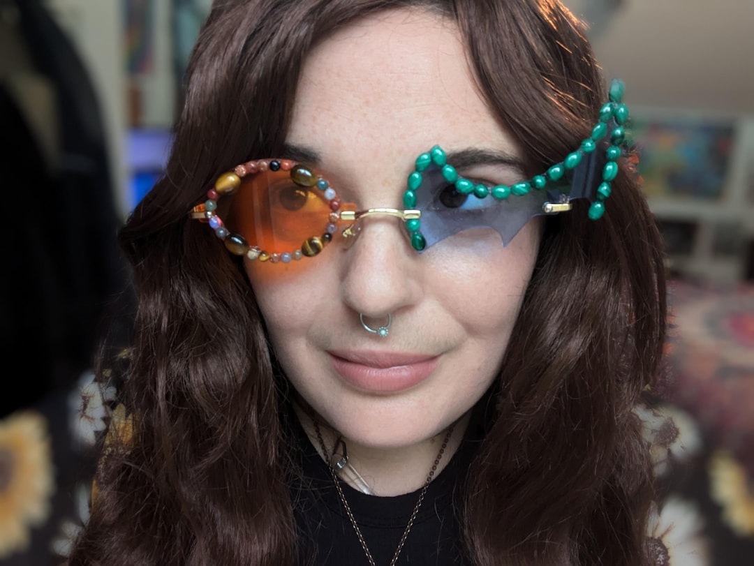 Asymmetrical Rimless Sunglasses: Gemstone Cabochons, Blue & Orange ...