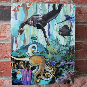 SUBMERGED - Coral Reef Ship Wreck Mixed Media Collage Wall Art - Psychedelic Underwater Artwork with Diver Octopus Salt Water Fish Reefs