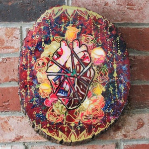 BROKEN - Anatomical Heart Artwork - Red Blue Gold Broken Heart with Skull Roses Original Collage Art - Unique Painting -  Weird Painted Art