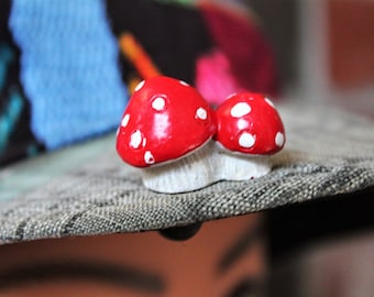 Cute Mushroom Hat Brim Pin - Amanita Figurine Pin for Hat Brims - Cool Mushrooms Pins - Mini Red and White Mushroom Pins