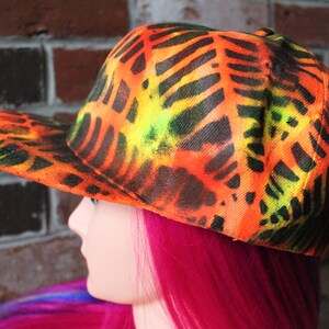Bright Neon Orange Yellow Hat w Spiderweb Stencil Flat Brim Fitted Size 7 1/4 Baseball Hat - Psychedelic Trippy Fest Hat - One of a Kind