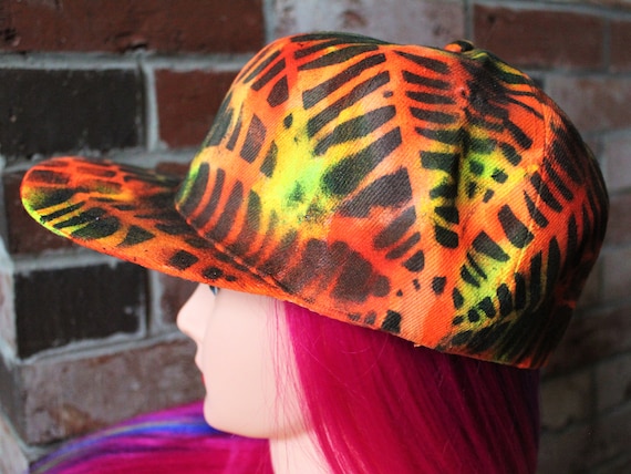 Bright Neon Orange Yellow Hat W Spiderweb Stencil Flat Brim Fitted