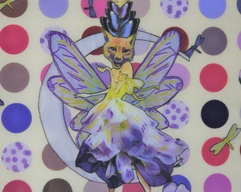 May include: A purple and yellow fairy with a fox head and butterfly wings is flying against a background of polka dots in shades of pink, purple, and brown.