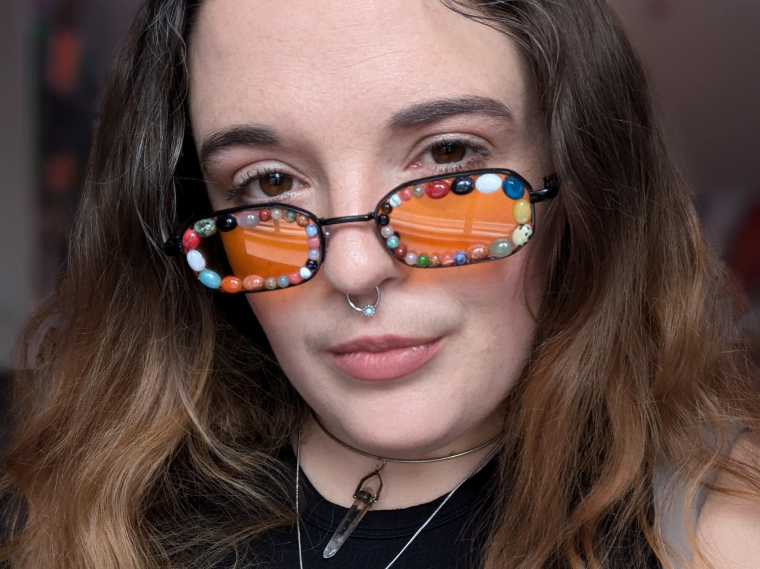 TURNED TO STONE - Orange Colored Lens Glam Sunglasses w Crystal Gemstones - Fancy Gem Stone Glasses - Small Round Oval Shaped Sunglass