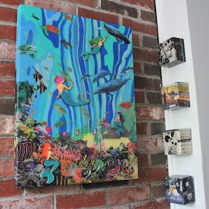 SAPPHIRE SEAS - Under Water Mermaid Coral Reef Sea Scene Hand-Cut Mixed Media Collage Painting Wall Art - Psychedelic Underwater Artwork