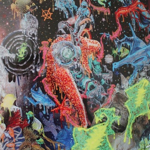 DEEP SPACE #1045 Astronauts & Ocean Creatures Art Print Poster - Unique Underwater Outer Space Coral Reef Fish Octopuses 11x14 Inch Print