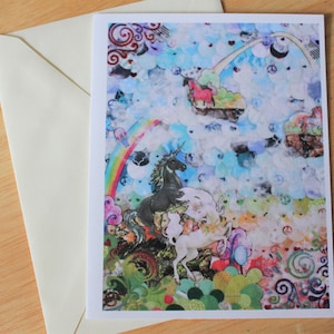 Fascination w the Beyond #129 - Biglietto di auguri di compleanno/biglietto di ringraziamento con unicorno arcobaleno pastello e isole galleggianti - Interno vuoto
