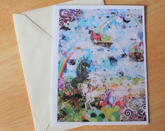 Fascination w the Beyond #129 - Single Pastel Rainbow Unicorn & Floating Islands Birthday Greeting Card/Thank You Note - Blank Inside