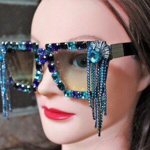 WATERFALL - One of a Kind Statement Sunglasses - Adult Size Square Sunglass with Beautiful Blue Glass Gem Embellishments & Dangle Gem Fringe