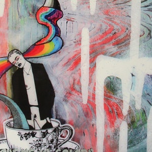 May include: An artistic mixed-media piece featuring a person in a black blazer with a rainbow emanating from their head. The person is in a teacup with floral designs. The background has red, white, and blue paint strokes.