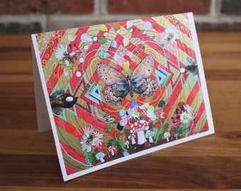Rebirth #123 - Single Psychedelic Abstract Butterfly Bees Mushrooms Greeting Card - Colorful Greeting Cards for Any Occasion