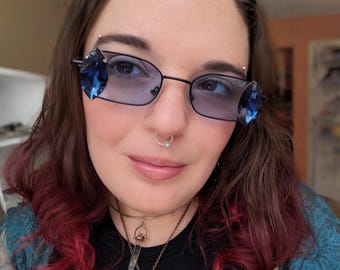 NIGHTSHADE - Oval Sunglasses with Dark Blue Glass Crystal Gems and Blue Lens Glam - Rhinestone Drip Glasses - Statement Blue Oval Sunglass