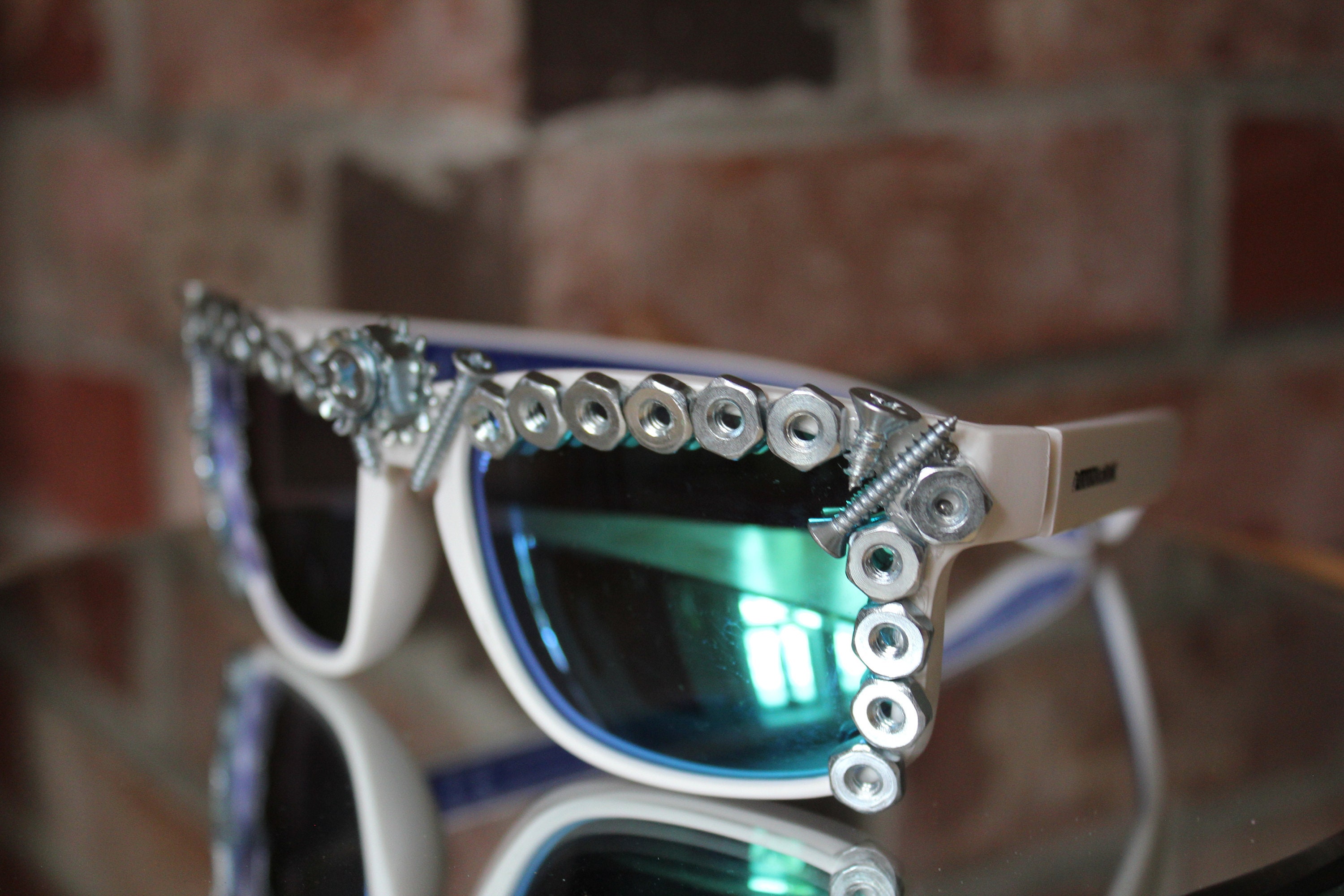 Nuts & Bolts Adult Mens Sunglasses with Blue Lens - Manly Tool Sunglasses for Guys - Decorated Man Glitter Glasses - Weird Dude Sunglasses
