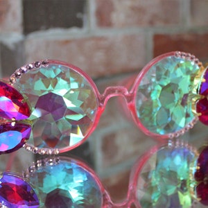 Kaleidoscope Glasses w Big Faceted Glass Rhinestone Crystals - Adult Party Lightshow Glasses - Round Fractal Kaleidoscope Lens Funglasses