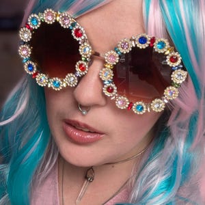 CLEO - Rainbow Fancy Flower Rhinestone Adult Circle Sunglasses - Extra Oversized Round Sunglass w/ Amber Lens - Big Shades Colorful Stones