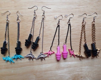 Earplug Earrings - Earring with Ear Plugs & Dinosaur Charm - Bass Festival Jewelry - Cute Multipurpose Hearing Protection - Misophonia
