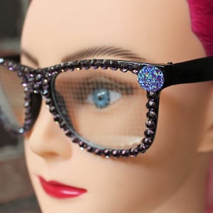 ACID PUNCH - Rainbow Diffraction Wayfarer Glasses w Clear Diffraction Lenses & Purple Rhinestones - Decorated Party Lightshow Glasses